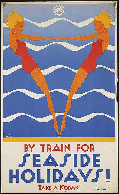 By train for seaside holidays! Take a "Kodak"; Creator/Contributor: Sellheim, Gert, 1901-1970 (artist); Created/Published: [Melbourne] : Victorian Railways, Australia; Date issued: 1910-1959 (approximate) Swim Art, Free Posters, Affiches D'art Déco, Music Prints, Surf Poster, Tourism Poster, Beach House Art, Vintage Advertising Posters, Sea Side