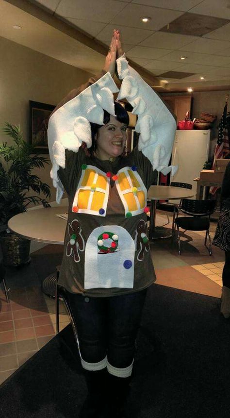 Modeling my gingerbread house ugly Christmas sweater. #uglychristmassweater #holidays #diy #create Creative Ugly Christmas Sweater, Easy Ugly Christmas Sweater, Making Ugly Christmas Sweaters, Ugly Christmas Sweater Diy Funny, Ugly Christmas Sweater Outfit, Diy Christmas Sweater, Funny Christmas Outfits, Christmas Sweater Outfits, Ugly Sweater Diy