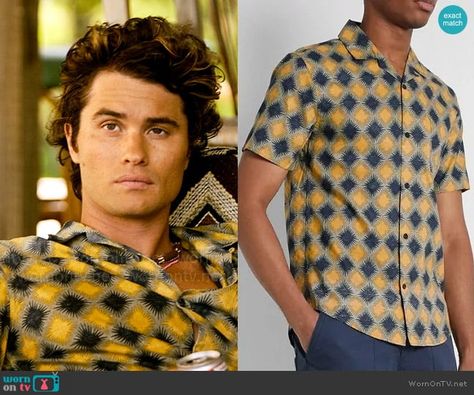 John B’s yellow and blue printed shirt on Outer Banks.  Outfit Details: https://wornontv.net/467241/ Outer Banks Outfits John B, Outer Banks Outfits, Chase Stokes, Outer Banks Style, Paris Family, Bbq Shirt, Generation Gap, Lacey Chabert, Unbreakable Kimmy Schmidt