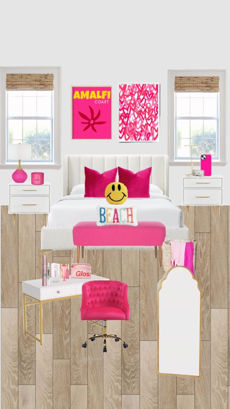 hot pink bedroom inspo! Hot Pink Room Decor, Hot Pink Bedroom, Hot Pink Room, Hot Pink Bedrooms, Pink Bed, Bedroom Redesign, Preppy Bedroom, Beachy Room, Pink Room Decor