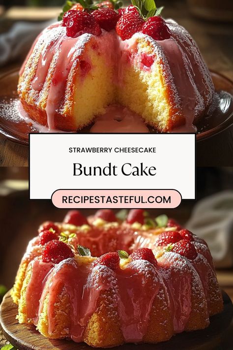 A decadent fusion of creamy cheesecake and moist strawberry cake, baked into a beautiful Bundt cake. Perfect for celebrations or a sweet treat any time of year! Strawberry Cheesecake Bundt Cake, Valentines Bundt Cake, Cheesecake Bundt Cake, Moist Strawberry Cake, Bundt Cake Glaze, Strawberry Bundt Cake, Sweets To Make, Cake Bundt, Strawberry Glaze