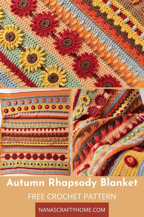 The Autumn Rhapsody Blanket is a free crochet pattern by Nana's Crafty Home. This gorgeous Fall themed throw is the perfect addition to your fall home decor! Learn beautiful new crochet stitches with this stitch sampler style throw! Thanksgiving Crochet Blanket, Autumn Blanket Crochet, Crochet Fall Blanket, Easy Crochet Halloween, Fall Crochet Blanket, Halloween Crafts Easy, Seasonal Blankets, Spider For Halloween, Crochet Spider Web