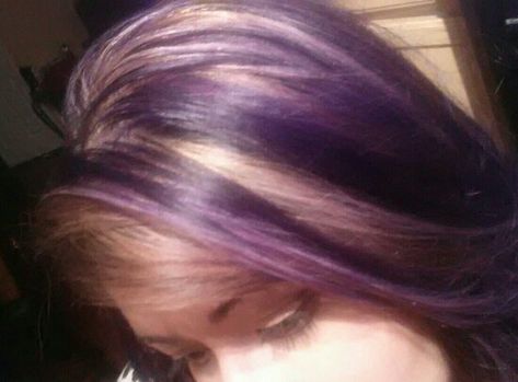 Purple and blonde highlights with dark brown hair. #purplehair Purple Brown Blonde Hair, Blonde Brown Purple Hair, Colored Highlights In Brown Hair Purple, Purple Highlights Dark Blonde Hair, Dark Purple Highlights Blonde Hair, Dark Purple Hair With Blonde Highlights, Dark Purple Hair With Blonde, Highlights With Dark Brown Hair, Plum Hair Highlights