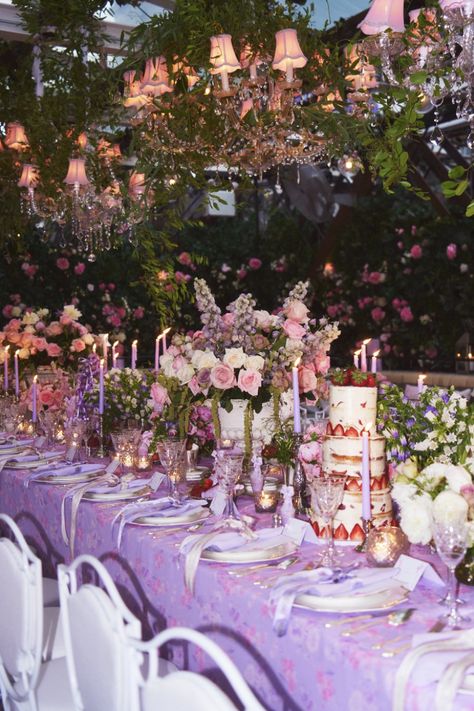 This lavender purple, dreamy tablescape was for the launch party of LoveShackFancy's new fragrance, "Endless Dreams." Decor inspiration, flowers, ribbons, bows, glass, party, celebration, fashion event. Tea Party Purple, Purple Dinner Party, Purple Dinner, Party Hardy, Tablescape Inspiration, Purple Party, 24th Birthday, Party Inspo, 16th Birthday Party