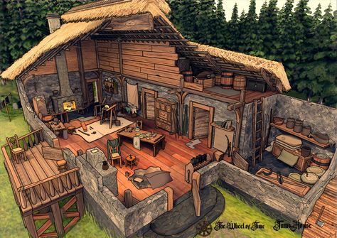 Fantasy Cabin Interior, Cabin Concept Art, Viking House Interiors, Fantasy Cabin, Interior Concept Art, Viking House, Warhammer Fantasy Roleplay, Loft House Design, Building Concept