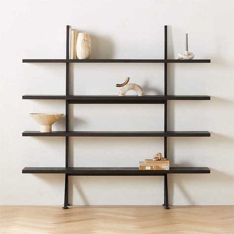 Azzurra Modern Acacia Wood and Metal Bookcase + Reviews | CB2 U Couch, Acrylic Bookcase, Wide Bookcase, Wood Bookshelf, Wall Mounted Bookshelves, Metal Bookcase, Modern Bookshelf, Charred Wood, Bookcase Design