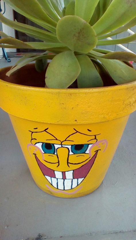 Spongebob flower pot by ~j~ Painting Ideas Spongebob, Plant Pot Painting Ideas, Funny Golf Pictures, Plant Pot Painting, Pot Painting Ideas, Spongebob House, Paradise Pictures, Plant Pot Design, Pot Painting