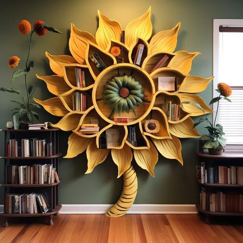 Sunflower Furniture, Sunflower Classroom, Sunflower Cafe, Cafe Bar Design, Sunflower Room, Kindergarten Interior, Sunflower House, Sunflower Home Decor, Bookshelf Ideas