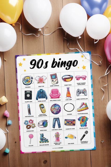 90s party bingo printable game 1990 Aesthetic, Bingo Party, Shape Games, 90s Party, Bingo Printable, Cube Puzzle, 80s Party, Game Printable, Birthday Games