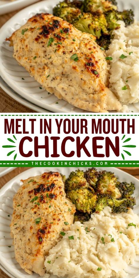 This Melt in your Mouth Chicken recipe comes together using only 6 simple ingredients. Boneless chicken breasts covered in a creamy Parmesan sauce and baked until perfectly juicy and tender! A quick and easy dinner option that is perfect for busy weeknights or lazy weekends! Main Dishes For Dinner Chicken, Healthy Chicken Recipes For Dinner Oven, Cheap Chicken Recipes Budget, Juicy Baked Chicken Recipes, Chicken Recipes Baked Easy, Easy Chicken Meals Healthy, Chicken Recipes Quick And Easy, Cheap Few Ingredient Meals, Baked Chicken Meal Ideas