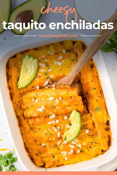 These lazy enchiladas are so quick and easy to make with frozen taquitos! These were viral on TikTok a couple of years ago and we're still making them on busy nights. Taquito Enchilada Casserole, Lazy Enchiladas, Frozen Taquitos, Lazy Meals, Chicken Enchilada Skillet, Taquitos Beef, Homemade Pizza Rolls, Mexican Rice Easy, Southwest Recipes