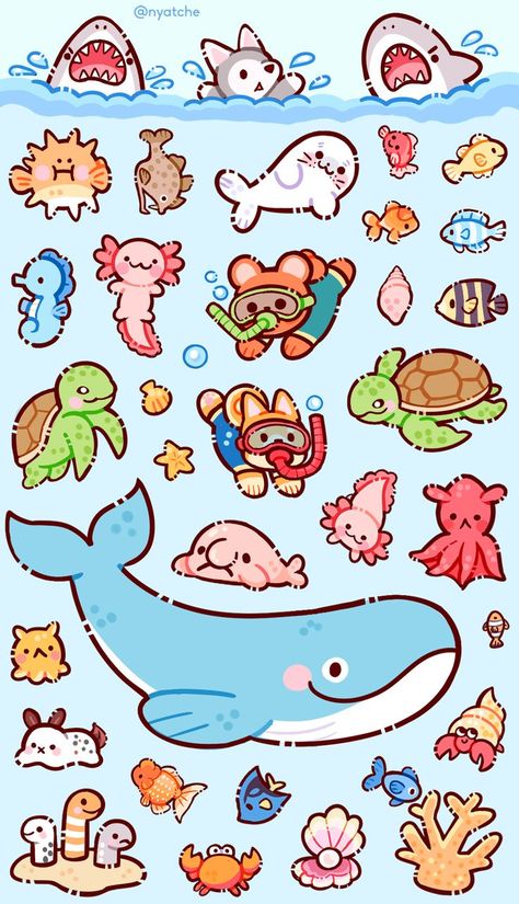 Cute Sea Animal Drawings, Cute Fish Doodle, Sea Creature Doodles, Sea Animal Stickers, Sea Stickers, Kawaii Fish, Cute Sea Creatures, Cute Kawaii Art, Kawaii Characters