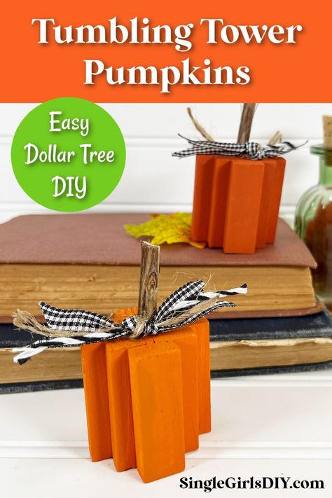 Dollar Tree Tumbling Tower blocks game pieces are used to make cute mini pumpkins in this Autumn DIY project. Tumbling Block Pumpkins, Dollar Tree Jenga Block Pumpkin, Jenga Pumpkins, Tumbling Blocks Crafts, Dollar Tree Tumbling Tower Blocks Diy, Mini Jenga Block Crafts, Wood Pumpkins Diy, 2x4 Crafts, Diy Pumpkins Crafts