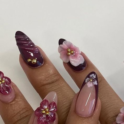 @nailzzbysteph on Instagram: "the prettiest purple set 🌺💜  @apresnailofficial natural short stiletto   inspo: @gelxbysum" Purple Almond Nail Ideas, Purple Nails Designs Summer, Hoco Nails Purple, Fall Nails Purple, Nail Inspo Purple, Concert Nails, Hoco Nails, Purple Nail Designs, Almond Nail