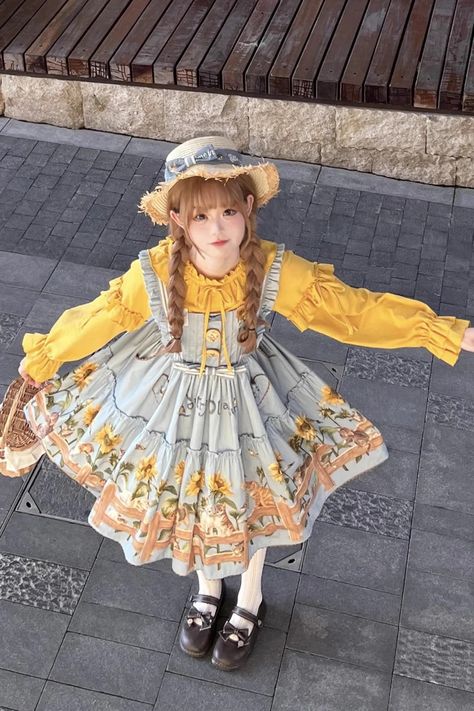 Cat and Sunflower Print Bowknot Sweet Lolita Jsk Dress 2 Colors – LolitaInside Sunflower Dress Aesthetic, Cute Blue Outfits Aesthetic, Sunflower Cosplay, Cat Inspired Outfits, Yellow Clothes Aesthetic, Food Outfits, Harajuku Fashion Kawaii, Sunflower Outfit, Jsk Dress