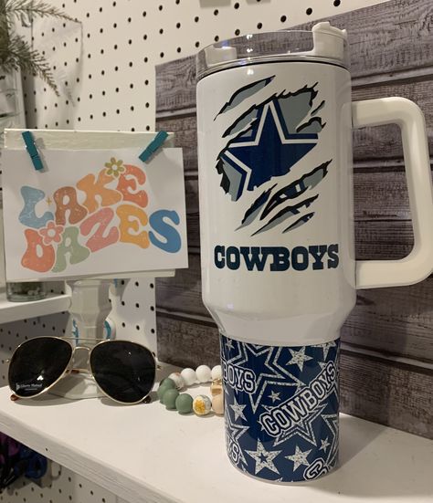 This is a 40 oz Stanley inspired Tumbler. The design wraps around the cup and will not peel off. The cup comes with a lid and straw.  The cups are insulated so keeps items cold.   This makes a great gift for you or anyone. Ships from Centerville, Texas Football Cowboys, Dallas Cowboys Shoes, Cowboys Gifts, Dallas Cowboys Gifts, Personalized Yeti, Personalize Yeti, Wooden Clothespin Crafts, Yeti Cup Designs, Cowboys Dallas