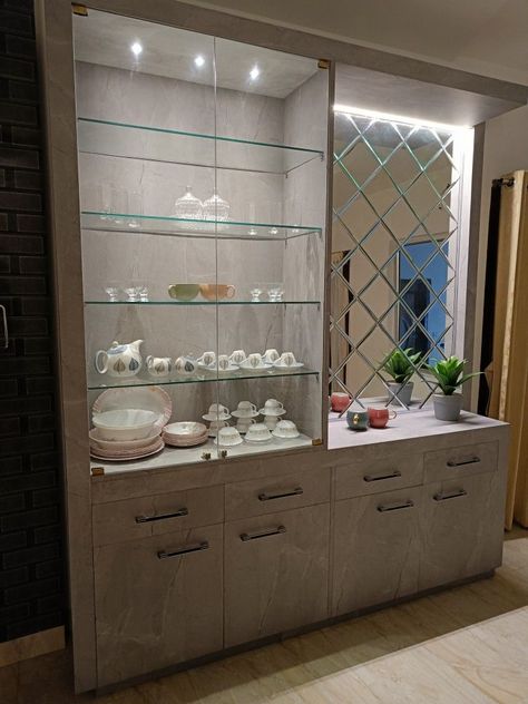 Dining Cutlery Unit, Dinning Hall Cupboard Ideas, Cutlery Unit Design Modern, Crockery Cabinet Design Modern, Crockery Units Modern, Crockery Designs, Modern Crockery Unit, Cutlery Designs, Crockery Cupboard