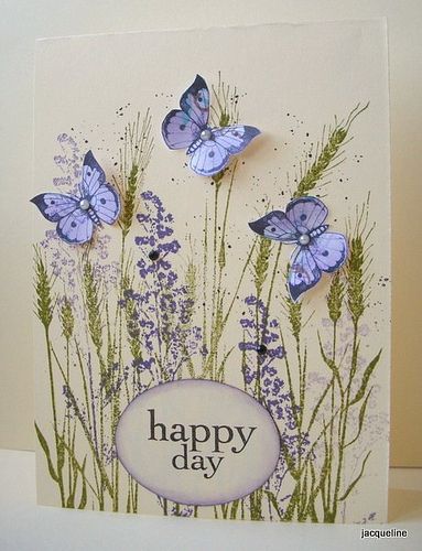 handmade card by Jacqueline ... digi butterflies ... luv the delicate stamping of green wheat and meadow flowers ... Dragon Flies, Flowers And Butterflies, Making Greeting Cards, Butterfly Cards, Stamping Up Cards, Pretty Cards, Floral Cards, Creative Cards, Sympathy Cards