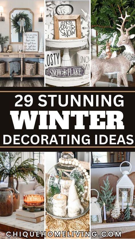 29 Winter Decor Ideas to Cozy Up Your Home! ❄️ Transform your space into a warm, inviting retreat this season with these creative ideas. Add cozy vibes with chunky knit blankets, faux fur throws, and soft neutral pillows. Incorporate natural elements like pinecones, birch logs, and evergreen garlands for a rustic touch. Use candles and string lights to create a magical winter glow. Highlight seasonal details like snowflake ornaments, frosted wreaths, or winter-inspired wall art. Whether you pref Home Decor Ideas Winter, Winter Decorations Diy After Christmas, Hobby Lobby Winter Decor, Rustic Farmhouse Winter Decor, Winter Bread Bowl Decor, Winter Diy Home Decor, Winter Pinecone Decor, Winter Decor Non Christmas, Winter Tabletop Decor Ideas