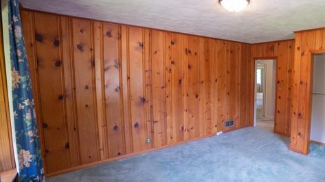 How to Fill Grooves Before Painting Paneling – Today's Homeowner Painting Paneling, Paint Over Wood Paneling, Wood Paneling Makeover, How To Make Floating Shelves, Paneling Makeover, Cedar Paneling, Drywall Mud, Cedar Walls, Painted Wood Floors