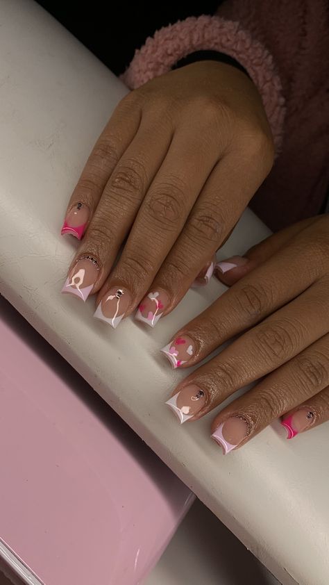 Short Pink French Tip Nails With Hearts, Short Pink Acrylic Nails Hello Kitty, Nails For 10yrs Old, Short Pink Nails With Charms, Short Hk Nails, Hello Kitty Nails Short Charms, Nails For Kids Cute Short, Charms Nails, Nail Magic