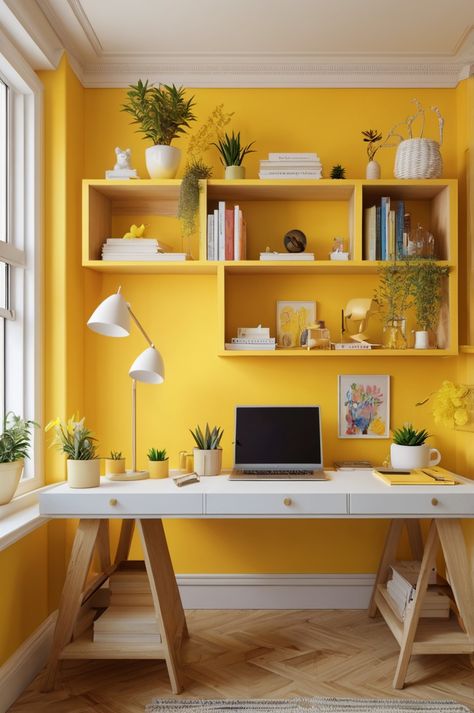 Yellow Home Office Ideas, Yellow Office Decor, Yellow Home Office, Yellow Office, Yellow Desk, Desk Inspo, Wooden Desk, Study Room, Office Ideas