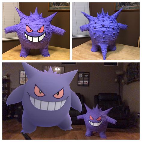 Homemade Pokémon, Gengar, birthday piñata made with balloons, paper mache, and craft dough Gengar Birthday Party, Gengar Cake, Pokemon Pinata, Birthday Pokemon, Pokemon Party Decorations, Pokemon Themed Party, Pokemon Decor, Pokémon Birthday, Pokémon Party