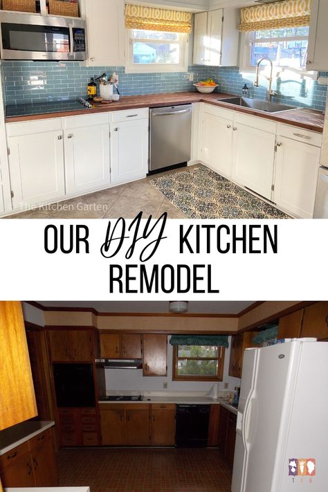 See the before and afters of our DIY 1950's kitchen remodel that including painting cabinets, new flooring, butcher block countertops and glass tile backsplash. 1950 Kitchen, 1950s Kitchen Remodel, 1960s Kitchen Remodel, Kitchen Remode, Tile Backsplash Kitchen, Glass Tile Backsplash Kitchen, Mobile Home Kitchen, Ranch House Remodel, Simple Kitchen Remodel