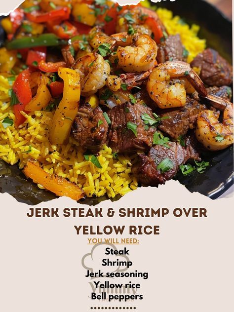 🌶️🥩 Experience the bold flavors of Jerk Steak & Shrimp over Yellow Rice. An exotic, delicious fusion. #JerkFusionFeast Jerk Steak & Shrimp over Yellow Rice Ingredients: Steak, sliced (1 lb) Shrimp, peeled (1 lb) Jerk seasoning (2 tbsp) Yellow rice, cooked (2 cups) Bell peppers, sliced (1 cup) Onion, sliced (1) Instructions: Season steak and shrimp with jerk seasoning. Sauté steak, shrimp, peppers, and onion. Serve over yellow rice. 🍤🥘 Dive into a meal that's bursting with Caribbean flair. P... Jerk Steak, Chili Cheese Dog Recipe, Shrimp Peppers, Season Steak, Sauteed Steak, Comfort Pasta Dishes, Steak Shrimp, Jerk Shrimp, Steak And Shrimp