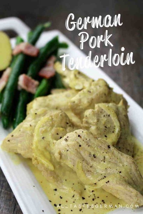 This German pork tenderloin recipe is the perfect choice if you like fast recipes which taste amazing. The flavorful mustard sauce gives this pork tenderloin recipe a special touch. And the best part is that this dish is ready in just 15 min. #porktenderloin #mustardsauce #meatdish #germanrecipes #germanfood #porkrecipes German Pork Tenderloin Recipes, German Pork Tenderloin, Sausage Salad, Mustard Pork Tenderloin, Pork Entrees, Oktoberfest Food, Tenderloin Recipes, Pork Tenderloin Recipes, Pork Tenderloin