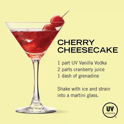 Cherry cheesecake martini Flavored Vodka Recipes, Uv Vodka Recipes, Cheesecake Martini, Glace Fruit, Vodka Recipes, Liquor Drinks, Vanilla Vodka, Cherry Cheesecake, Boozy Drinks