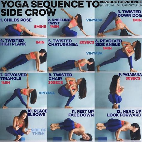 YOGA SEQUENCE TO SIDE CROW: This pose requires lots of twisting so best to do this BEFORE you eat. (Should try not to eat 2 hours before practice) Do 5 Sun B's to warm up 1. CHILDS POSE Do with knees together. It will help open your hips which you need in side crow & mimic the compression you need between the belly & thighs for later 2. KNEELING TWIST Picture is fairly self explanatory, emphasize on exhaling to twist deeper & really seriously go for it 3. TWISTED DOWN DOG From down dog bring ... Yoga Ashtanga, Cat Cow, Ashtanga Vinyasa Yoga, Yoga Kundalini, Body Transformations, Muscle Abdominal, Camel Pose, Yoga Beginners, Sup Yoga