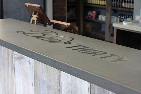 Bar Top Ideas, Concrete Bar Top, Outdoor Concrete Countertops, Reclaimed Wood Bar, Bar Countertops, Reclaimed Wood Bars, Concrete Bar, Farmhouse Kitchen Remodel, Concrete Counter