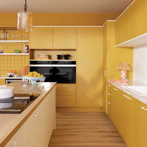 kaboodle kitchen trends Yellow Tiles Kitchen, Yellow Tiled Kitchen, Kitchen With Yellow Tiles, White Kitchen Yellow Tiles, Yellow Kitchen Splashback, 1950s Beach, Kaboodle Kitchen, Classic Kitchen Cabinets, Technology Classroom