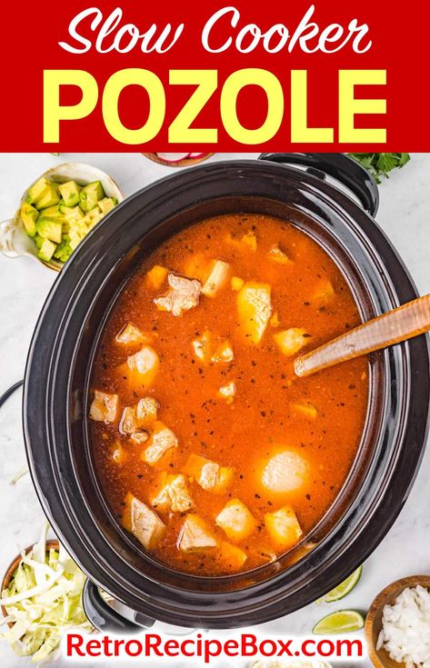 Slow Cooker Pozole is rich pozole with a rich broth made with chilis, this is made simpler with a delicious enchilada sauce. You will be sure to please your family with the flavorful Posole soup full of tender pork and hominy. retrorecipebox.com hominy recipe, Mexican soup recipe, pork stew Pazole Soup Mexican Posole Pork Easy, Pazole Soup Mexican Posole Pork Crockpot, Pasole Recipe Pork Red Crockpot, Posole In Crockpot, Slow Cooker Posole Pork, Posole Crockpot Slow Cooker, Pork Posole Recipe Slow Cooker, Crockpot Posole Pork, Slow Cooker Pozole Pork