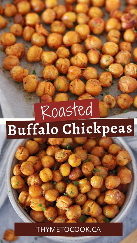 Spicy and crunchy roasted buffalo chickpeas are a delicious snack or addition to salads and wraps! Easy to make and even easier to eat! Roasted Buffalo Chickpeas, Dill Pickle Roasted Chickpeas, Oven Roasted Chickpeas Recipes, Roasted Chickpeas Oven, Buffalo Chickpeas, Wraps Easy, Chickpea Recipes Roasted, Df Recipes, Buffalo Ranch