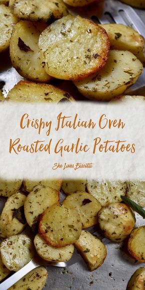 Crispy Italian Oven Roasted Garlic Potatoes #potatoes #garlicpotatoes #side #crispypotatoes #vegan #italian #thanksgiving Roasted Garlic Potatoes, Baked Potatoes In The Oven, Oven Roasted Garlic, Italian Thanksgiving, Potatoes In The Oven, Roasting Garlic In Oven, Italian Potatoes, Potatoes Baked, Potatoes Roasted