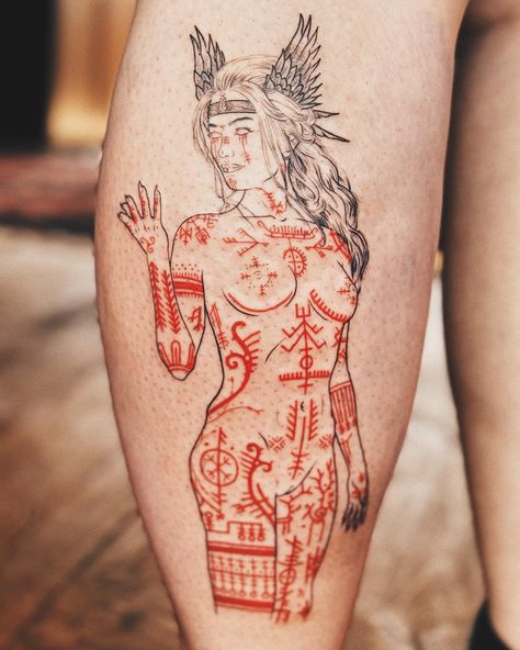 Norse goddess Freyja done in the Åland Islands. Incredibly pleased to have been able to tattoo my version of such a powerful character. Bring me all your ideas of the gods. Freya Tattoo Norse Mythology, Freya Goddess Tattoo Design, Germanic Tattoos, Freyja Tattoo, Hel Tattoo, Freya Tattoo, Freyja Goddess, Norse Tattoos, Powerful Character