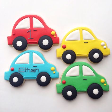 Simple car cookies I made for a first birthday party Teacher Cakes, Cake Designs For Kids, Car Cookies, 2nd Birthday Party For Boys, Crazy Cookies, Cake Decorating With Fondant, Cars Theme Birthday Party, 2 Birthday Cake, Baby Boy Cakes