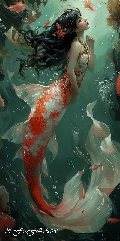 Siren Art Beautiful, Mermaid Koi Fish, Betta Fish Mermaid, Mermaid With Wings, Mermaid Illustration Art, Mermaids Real, Siren Creature, Koi Mermaid, Mermaid Oc