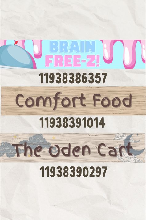 A decal set for food stalls! Use these bloxburg decals for a food festival, food stand, or any food business for bloxburg ^__^! Hopefully this set also gives you new ideas! #roblox #bloxburgdecals #decals #robloxdecals #bloxburgfood #bloxburgsigns #bloxburgfoodstalls Bloxburg Food Stand Decals, Bloxburg Sale Decal, Ice Cream Decals Bloxburg Codes, Ice Cream Bloxburg Decals, Bloxburg Shop Sign Decals, Bloxburg Stall Ideas, Summer Town Bloxburg, Bloxburg Resturant Decals, Boutique Decals Bloxburg