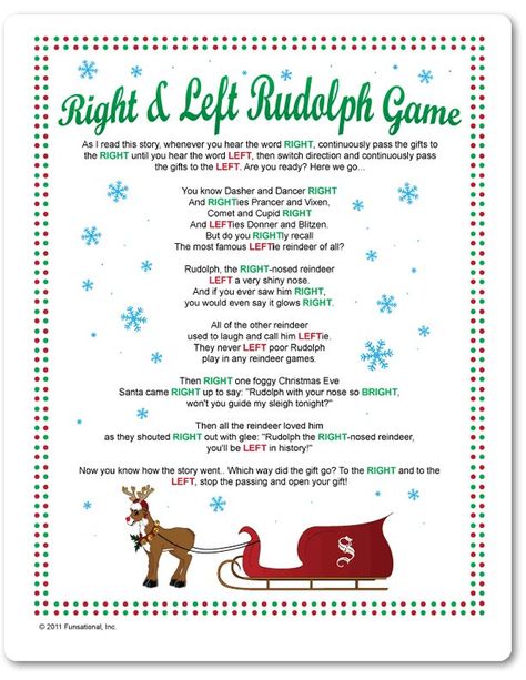 Right+and+Left+Rudolph+Game+Printable Gift Passing Game, Preschool Christmas Party, Christmas Poem, Xmas Games, Gift Exchange Games, Christmas Gift Exchange, Holiday Games, Preschool Christmas, Christmas Party Games