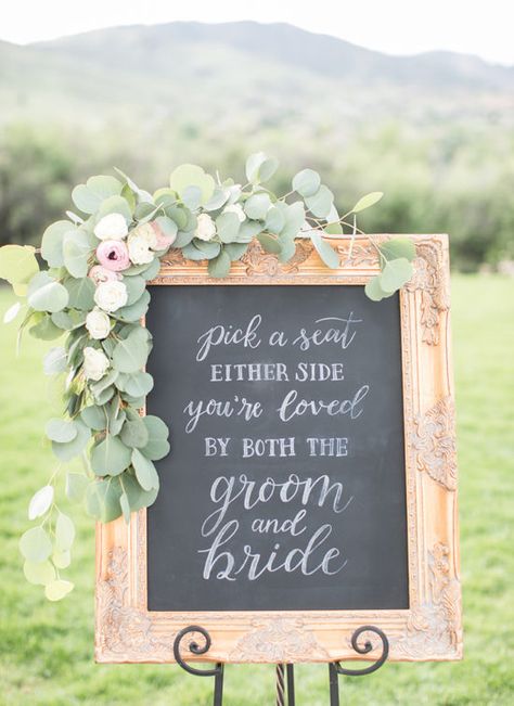 Classic Colorado Foothills Wedding | Chalkboard sign in gold frame | Pick a seat either side you're loved by both the groom and bride Wedding Seat Sign, Shaadi Decor, Mirror Seating Chart, Wedding Chalk, Wedding September, Chalkboard Fonts, Groom And Bride, Wedding Chalkboard Signs, Chalk Sign