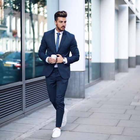 Dashing Formal Outfit Ideas for Stylish Men 13 #suits #men #outfits #UrbanMenOutfits #menfashion #mensguides #menswear #menstreetstyle #streetwear #stylish Mens Formal Outfits, Homecoming Outfits For Guys, Suits And Sneakers, Business Casual Suit, Dark Blue Suit, How To Wear Sneakers, Sneaker Outfits, Mens Hats Fashion, Formal Men Outfit