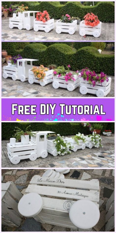 DIY Wood Crate Train Planter Tutorial Crate Crafts, Garden Trains, Old Crates, Vintage Garden Decor, Backyard Diy Projects, Diy Yard, Seasonal Garden, Wood Crates, Garden Art Diy