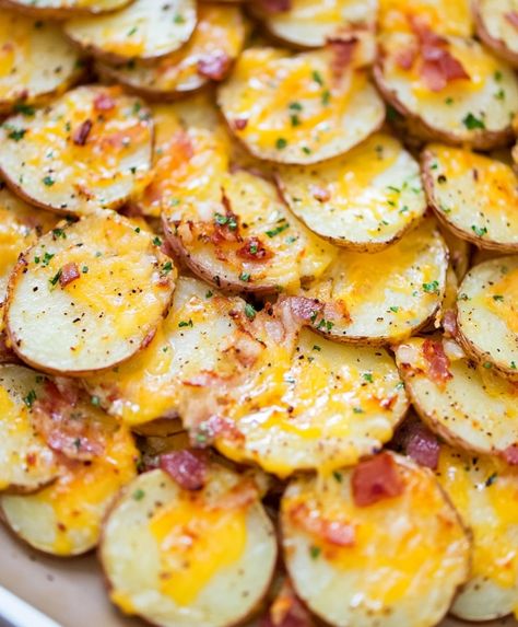 Loaded Potato Slices Recipe Loaded Potato Slices, Appetizer Recipes Simple, Tater Tot Appetizers, Christmas Finger Foods, Appetizer Cups, Layered Potato, Potato Slices, Cheese Dip Recipes, Loaded Potato