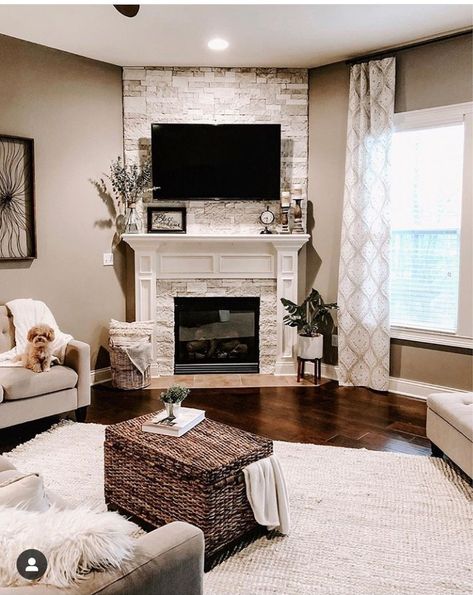 Faux Corner Fireplace Bedroom, Tv Above Fireplace Corner, Fireplace Mantel Decorating Ideas Tv, Fireplace Makeover Corner, Corner Fireplace Tv Wall, Corner Fireplace Living Room With Tv, Corner Fireplace With Tv Above, Stone Corner Fireplace, Corner Brick Fireplaces