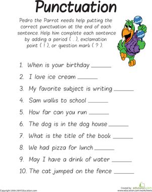 Proper Punctuation Worksheet: This another great worksheet to give students practice with ending punctuation. I would use this as a homework assignment. 7th Grade Writing, Punctuation Activities, Punctuation Worksheets, 1st Grade Writing, First Grade Writing, English Grammar Worksheets, Grammar Skills, Grammar And Punctuation, 2nd Grade Worksheets