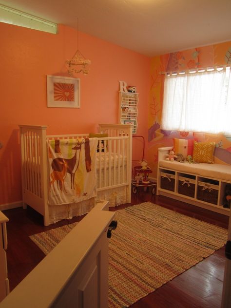 Peach Nursery, Pink Baby Room, Colored Walls, Pink Diy, Peach Walls, Baby Nurseries, House Colours, Kids Bedroom Inspiration, Diy Nursery