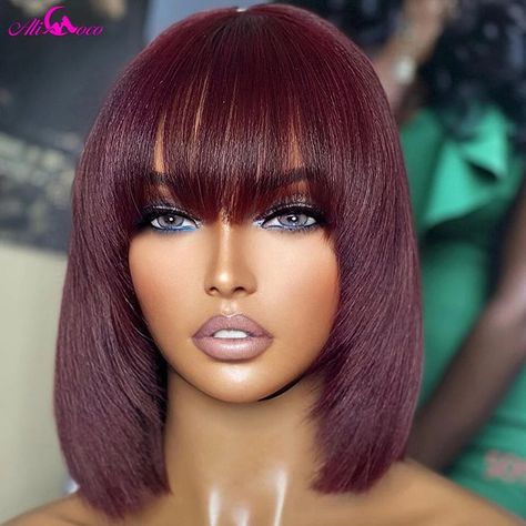 27.57US $ 68% OFF|180 Density 99J Full Machine Made Short Bob Wigs With Bangs For Black Women Burgundy Color Straight Human Hair Wigs No Lace Wigs| | - AliExpress Kort Bob, Bob Wig With Bangs, Reddish Purple, Layered Cut, Products Photography, Human Hair Color, Colored Wigs, Brown Highlights, Wig With Bangs